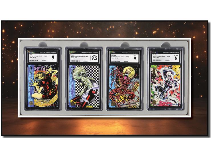 This curated set of four cards is a magnificent visual feast, paying homage to the mutant boom and dark hero sagas of the 199